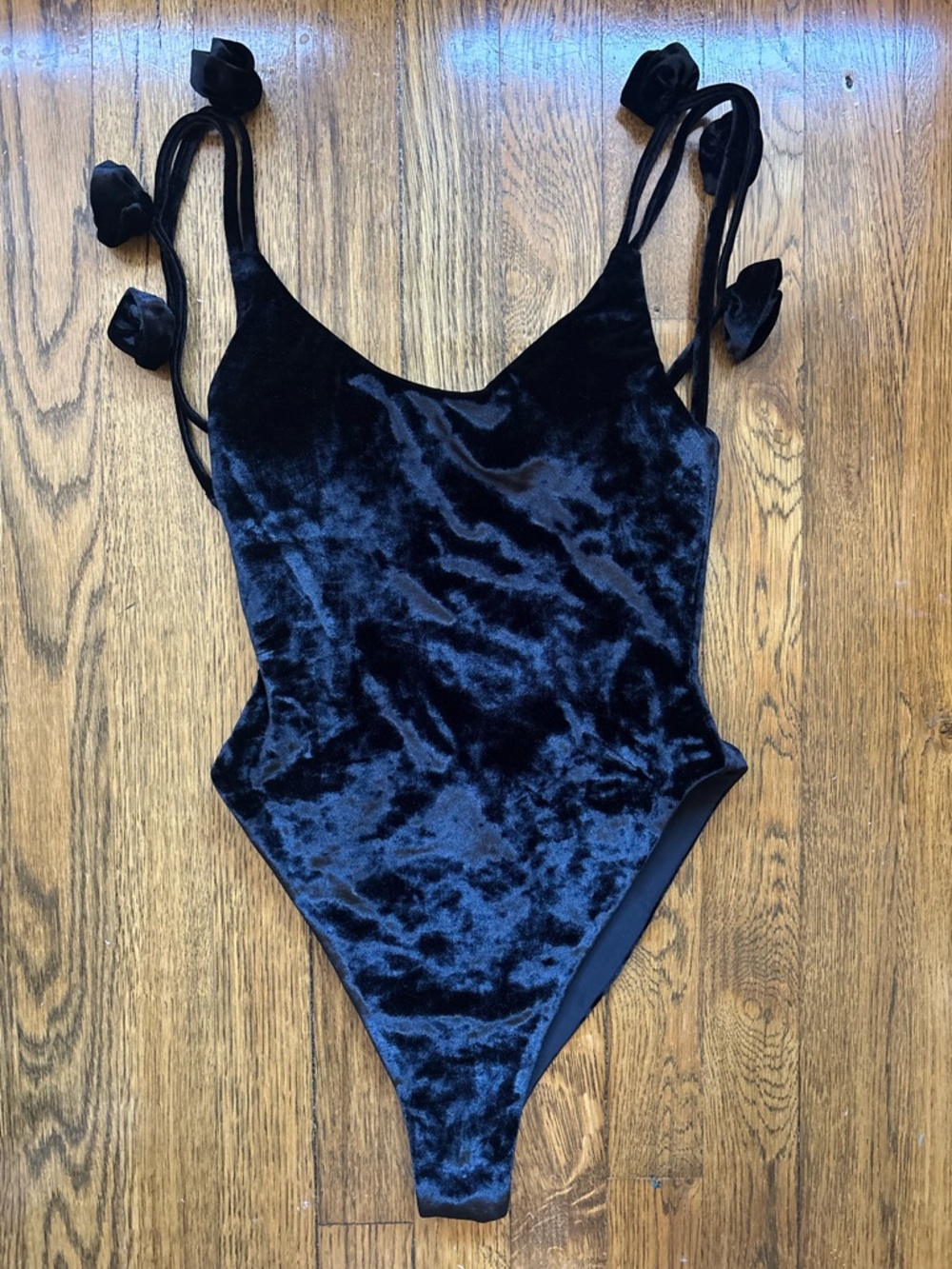 Something Navy Black Velvet Bodysuit w Roses